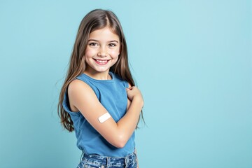 Obraz premium Smiling young girl showing a bandage on her arm, wearing a blue top and jeans, set against a plain blue background. Concept of health and vaccination. Ai generative