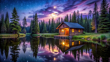 Fototapeta premium serene wooden cabin by tranquil lake, surrounded by lush trees and starry sky