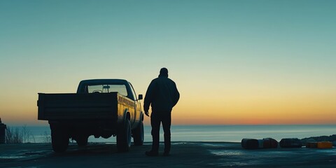 Silhouetted man gazing at sunrise over ocean, near his truck.