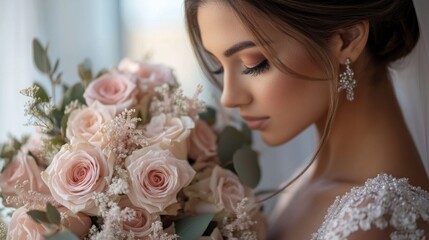 Naklejka premium A woman wearing a wedding dress and holding a bouquet of flowers