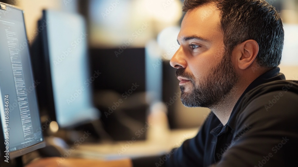 Aufkleber a man is sitting at a desk with a computer monitor in front of him