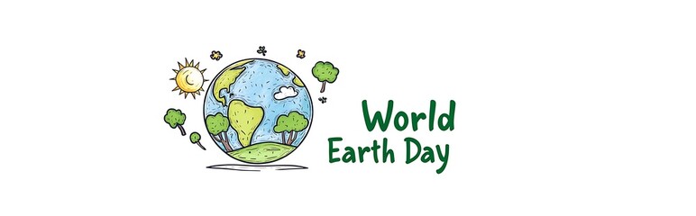 Fototapeta premium A simple line drawing of the Earth with trees and clouds around it, earth day concept