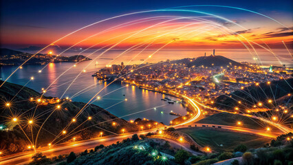 Fototapeta premium stunning bird eye view of city illuminated at sunset, showcasing network of connections