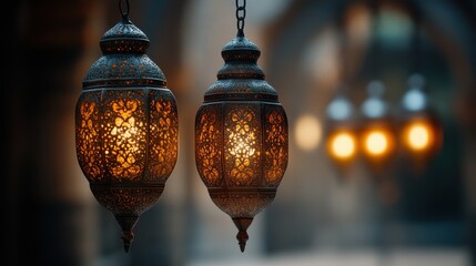 Two ornate metal lanterns hanging, glowing softly against a blurred background.