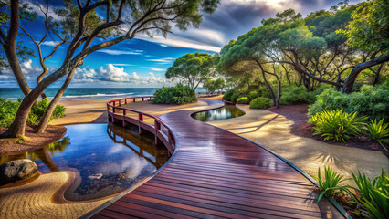 Fototapeta premium serene wooden walkway winds through lush greenery by ocean
