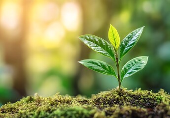 A small green plant sprouting from the ground, surrounded by lush moss, earth day background