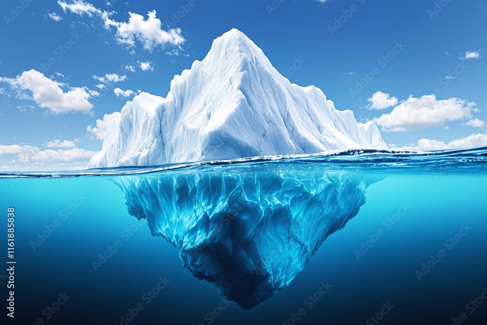 Poster a large iceberg showing its visible and submerged sections in a clear blue ocean under a sunny sky w