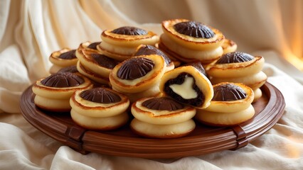 A classic setup featuring a tray of 'martabak manis' filled with chocolate and cheese