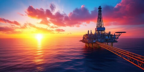 Obraz premium Offshore oil rig at sunset.