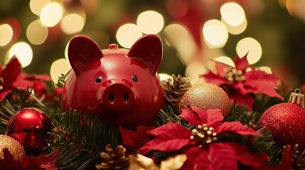 A Christmas-themed piggy bank surrounded by festive decorations, symbolizing holiday savings.