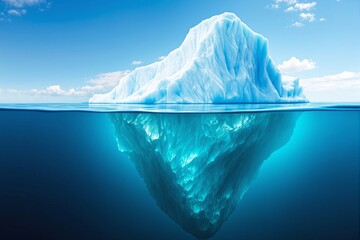 Iceberg floating in the ocean, showcasing its visible and hidden parts. Realistic style, bright sky background. Concept of hidden depths. Ai generative