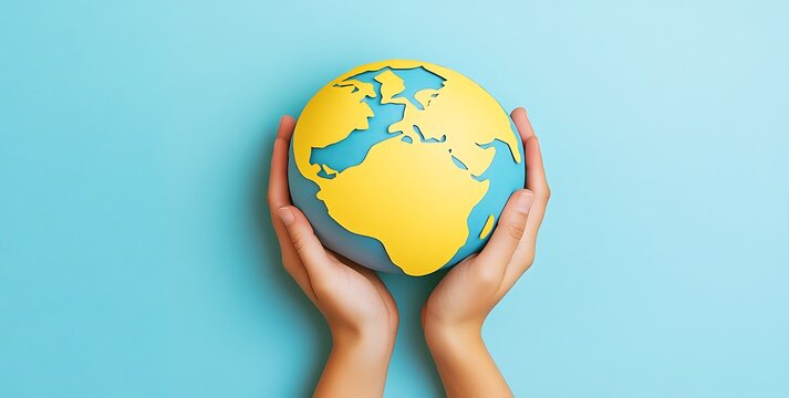 A yellow paper cutout of the Earth with two hands holding it, earth day concept