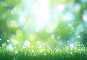 Obraz premium Abstract blurred spring background with sun rays and green grass, earth day concept