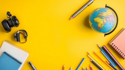 A yellow background with a globe and a pencil on it