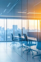 Modern office interior with glass walls, city view, and conference table.