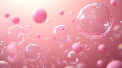 Pink soap bubbles floating on a soft pink background.