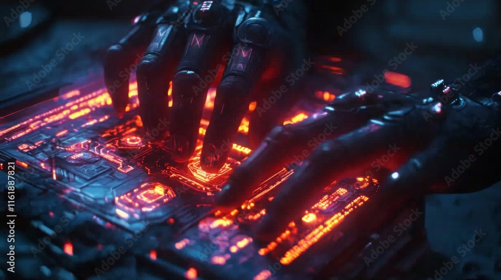 Poster a person is typing on a computer keyboard with red glowing letters