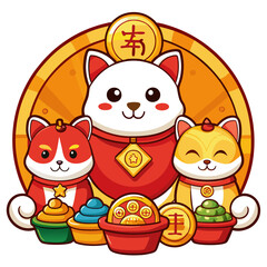cat family and happy new year chinese