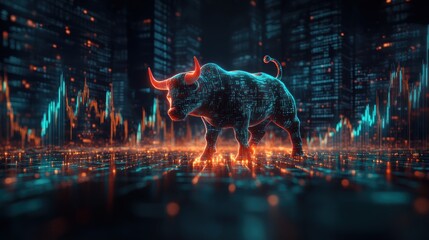 A glowing bull symbolizes market growth amidst digital data and financial graphs.
