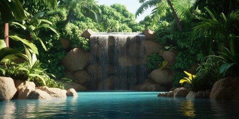 Naklejka premium Serene waterfall cascading into a tranquil turquoise pool, nestled within lush tropical foliage.