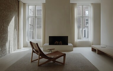 Fototapeta premium Minimalist living room with fireplace, leather chair, and large windows, showcasing natural light and neutral tones.