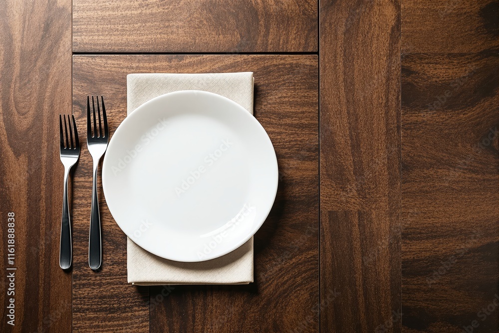 Poster white plate with forks on beige napkin on wooden table, top view. simple and elegant table setting c