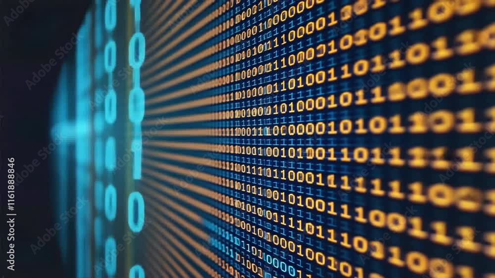 Poster futuristic digital binary code processing blue and orange streams representing technology and data i