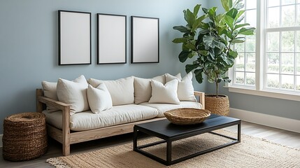Fototapeta premium Modern living room interior with cream sofa, three blank frames, fiddle leaf fig, and woven accents.