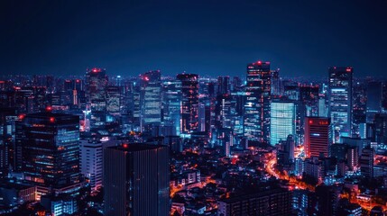 Fototapeta premium Night cityscape, vibrant skyline, urban buildings illuminated, aerial view.