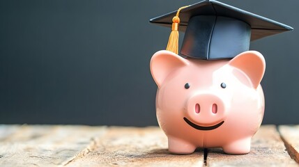 Piggy bank With Graduation Cap on old wood,Money saving concept