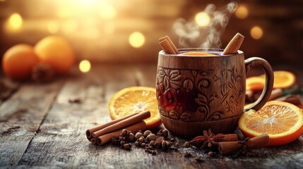 Obraz premium A wooden coffee mug with cinnamon and orange slices on a table