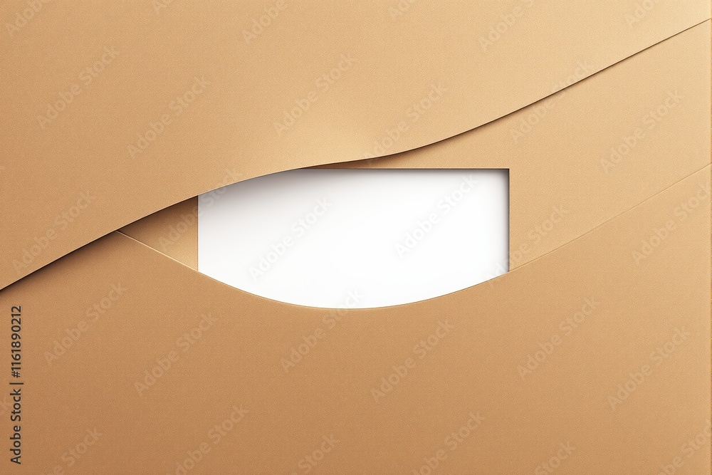 Poster minimalist design of a blank white card partially inserted into a beige paper envelope. clean beige 