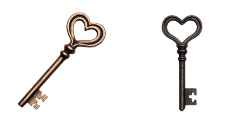 Heart shaped keys symbolize love and connection, featuring intricate designs in bronze and black