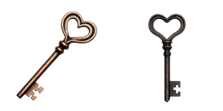 Heart shaped keys symbolize love and connection, featuring intricate designs in bronze and black