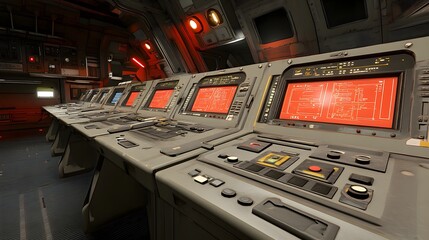 Dark mission control room with emergency lights, evoking a sense of urgency and focus in critical operations, emphasizing teamwork and preparedness in high-stakes environments