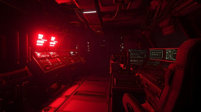 Dark mission control room with emergency lights, evoking a sense of urgency and focus in critical operations, emphasizing teamwork and preparedness in high-stakes environments