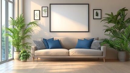 Sunlit living room with beige sofa, blue pillows, plants, and large blank frame.