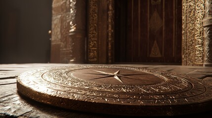Ornate golden compass on ancient wooden table inside mysterious stone doorway.