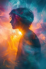 Fototapeta premium Shadow Visualization of Human Soul, Ethereal Double Exposure Portrait, Dreamy Bokeh, Person Face, Dream Avatar, Mental Health Concept Backdrop, State of Mind Concept Art