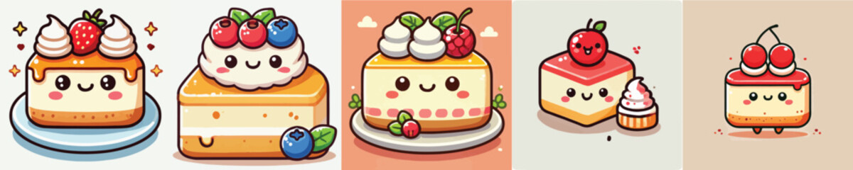 Collection of cute animated fruit cake vectors