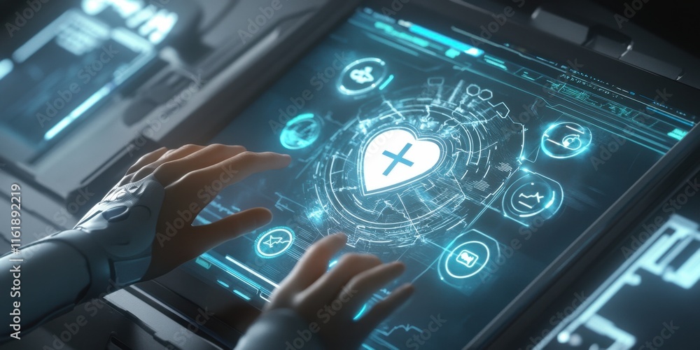 Poster futuristic healthcare technology interface: advanced medical system displaying digital heart monitor