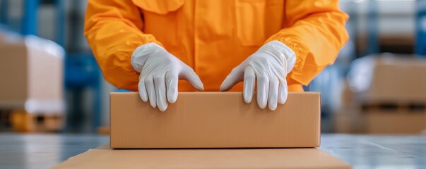 A person in protective gear is preparing a cardboard box in a warehouse setting, emphasizing safety and logistics.