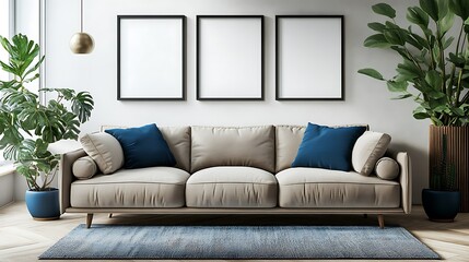 Beige sofa with blue cushions and plants in a minimalist living room with three blank frames.