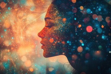 Abstract Human Head and Soul, Ethereal Double Exposure Portrait, Dreamy Bokeh, Person Face, Dream Avatar, Mental Health Concept Backdrop, State of Mind Concept Art