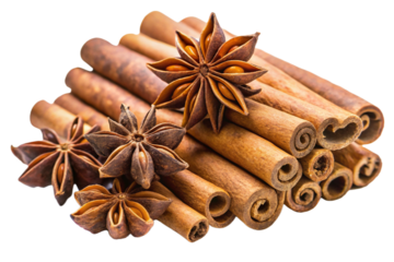 Pile of cinnamon sticks and star anise, isolated on a white background. Concept of spices, warmth, and aromatic ingredients for cooking 