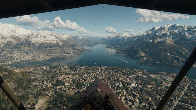 Panoramic view of a lake and mountain range seen from a vintage aircraft cockpit.