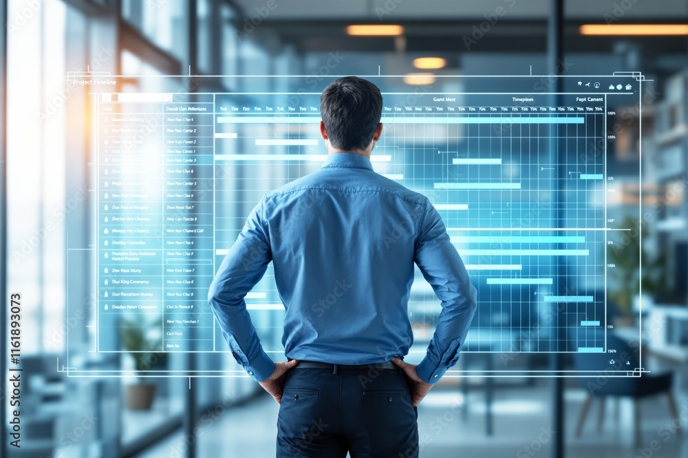 Poster businessman stands before a digital project timeline interface in an office setting, focusing on pro