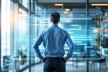 Businessman stands before a digital project timeline interface in an office setting, focusing on productivity and planning concepts. Ai generative