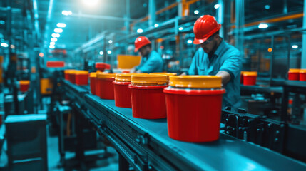 Naklejka premium Instant noodle factory, A vibrant factory floor scene featuring bustling activity and conveyor belts, ideal for industrial or manufacturing-related projects.