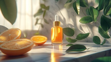 A bottle of essential oil is on a table next to some oranges
